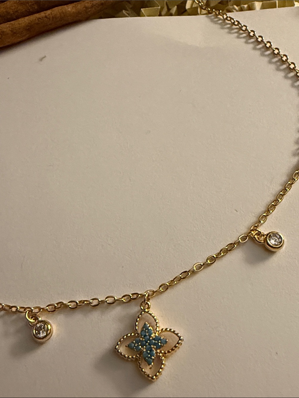 Delicate Gold Flower Drop Necklace with Crystal Accents - Picture 2 of 7